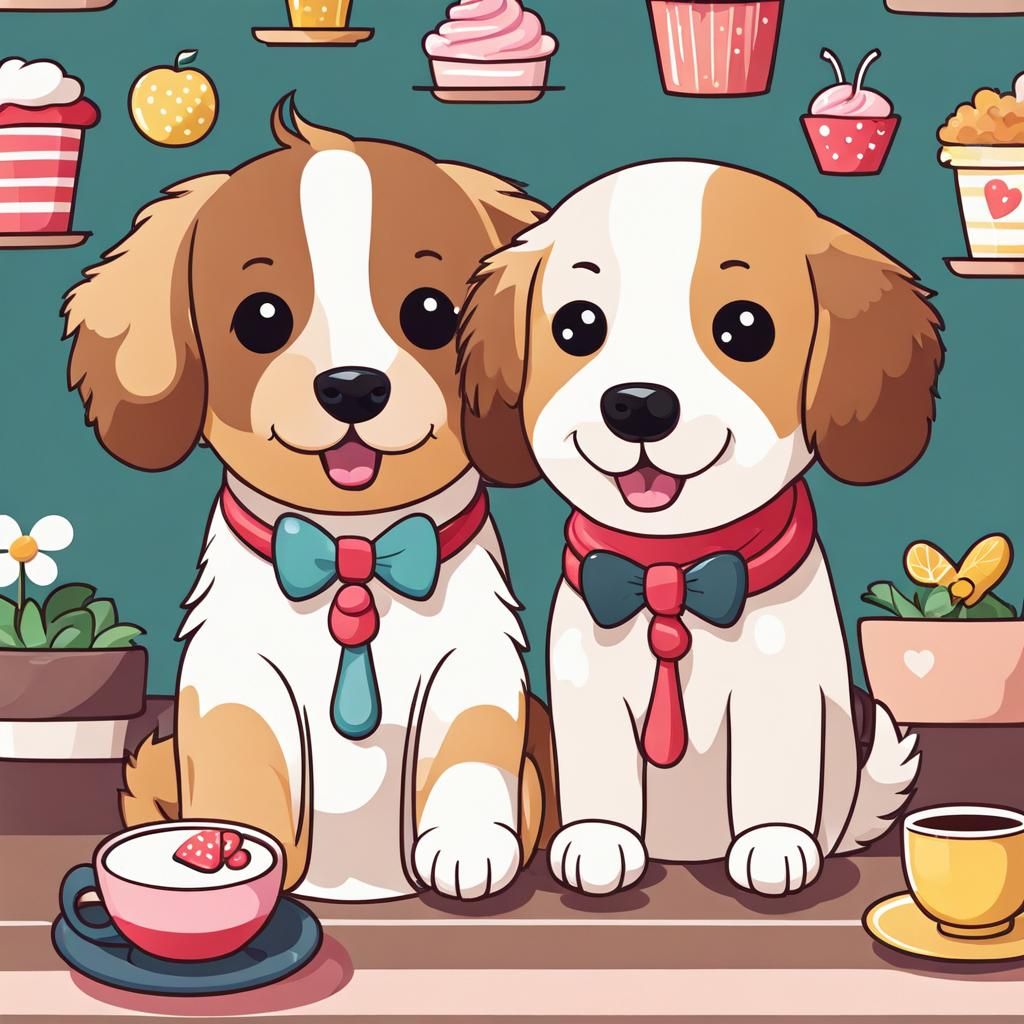 Cute Dog Couple in Cafe, Kawaii Style