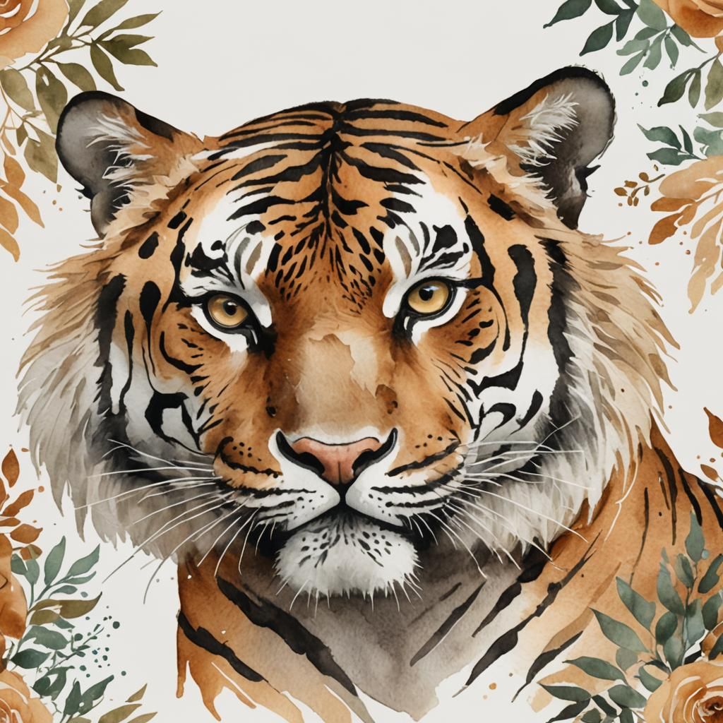 Watercolor Tiger in Pastel Folk Art Style