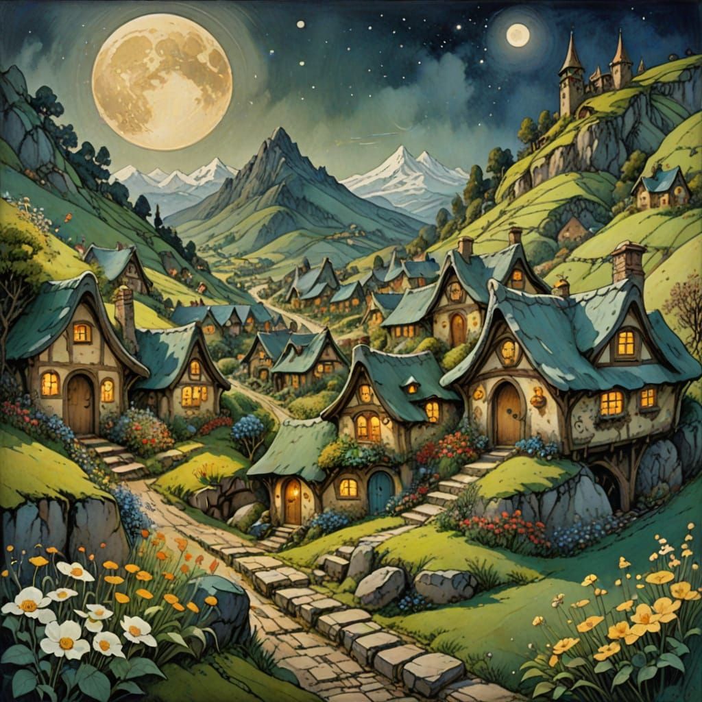 Whimsical Hobbit Village Under Glowing Moonlight