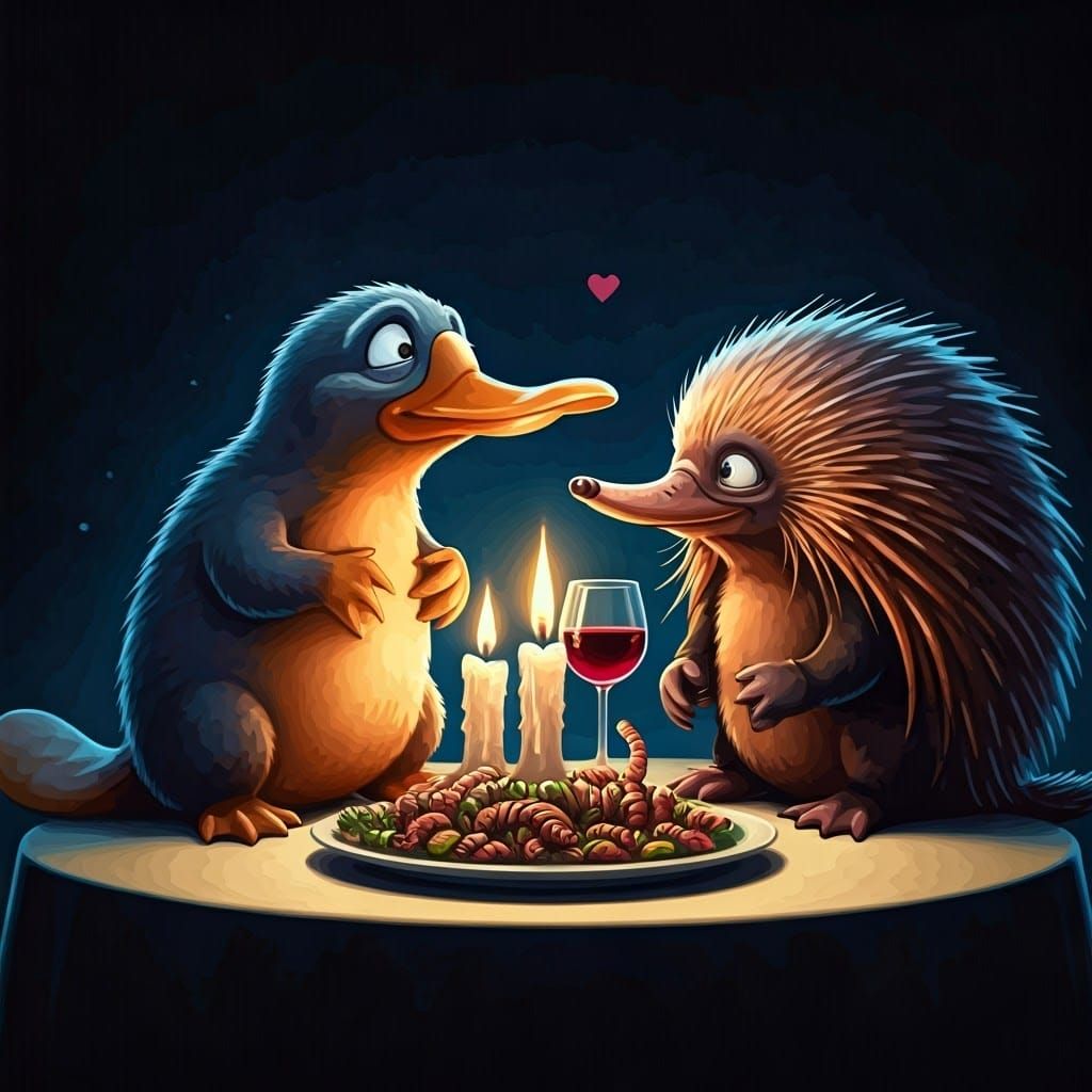 Romantic Platypus and Echidna Supper in Whimsical Australia