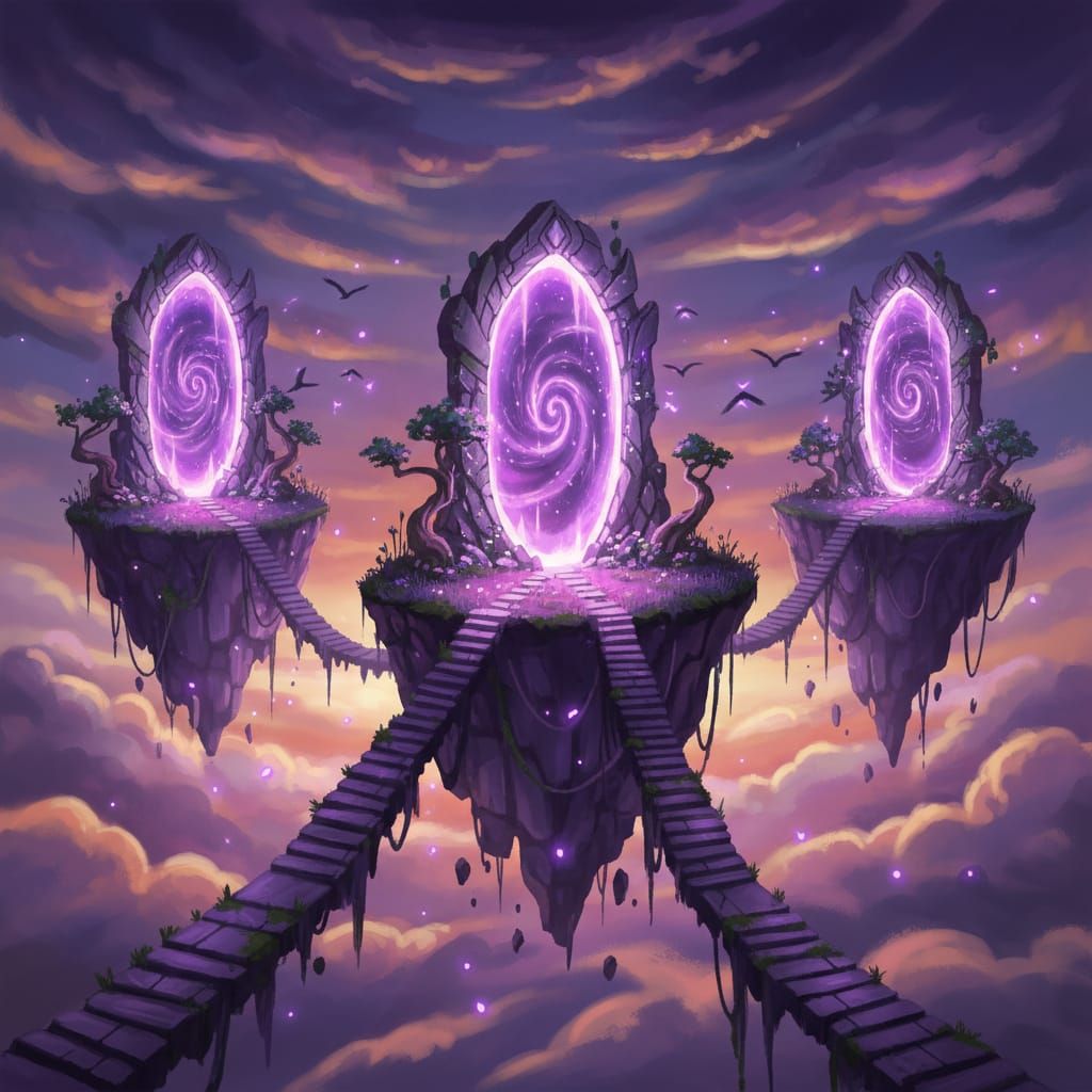 Magical Floating Islands with Purple Portals