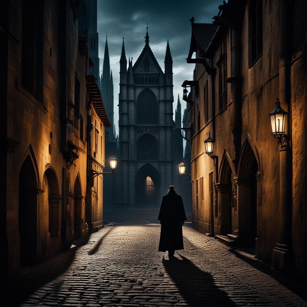 A lone man walking through the dimly lit gothic old streets ...