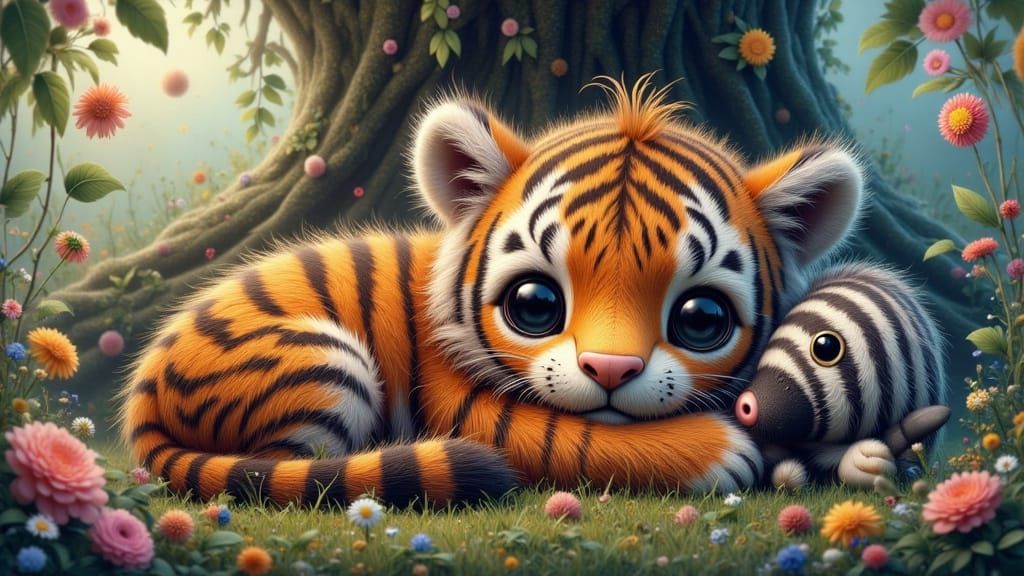 Steampunk Tiger Cub and Zebra Cub Cuddle in Whimsical Jungle...