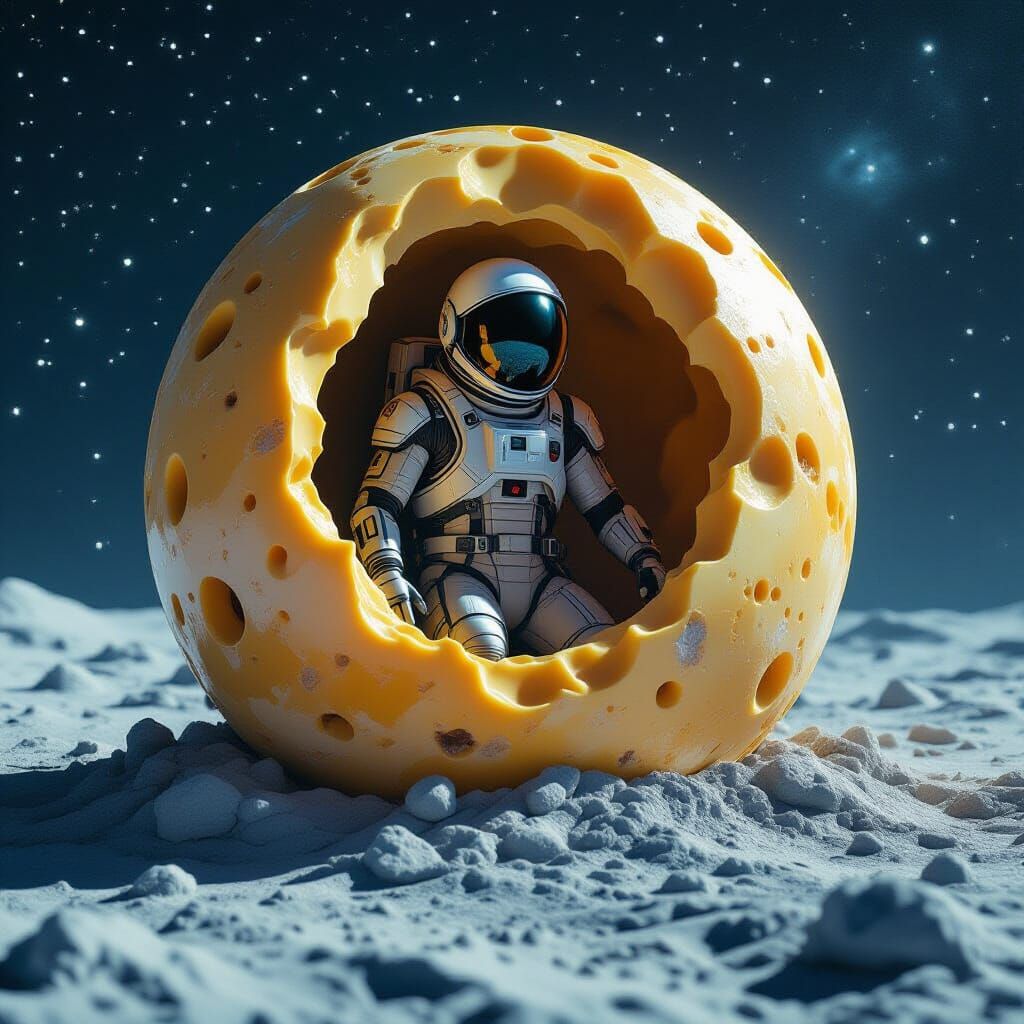 Alien Astronaut Emerges from Moonstone Cheese in Space
