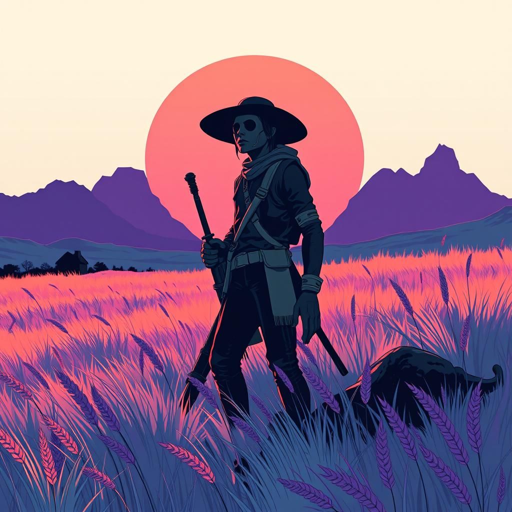 in the iconic, minimalist illustrative style of Mœbius, Cosi...