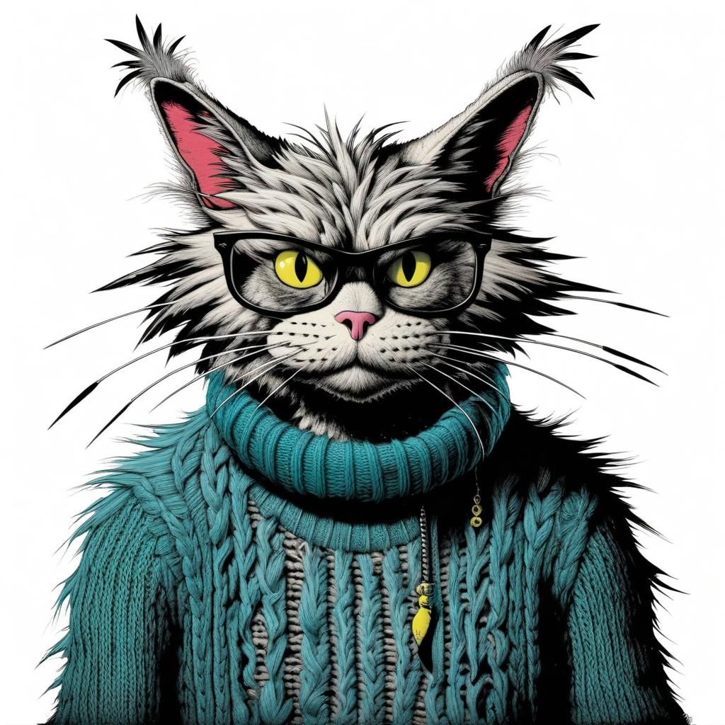 Whimsical Feathered Cat as Punk Rapper, Dr. Seuss Style