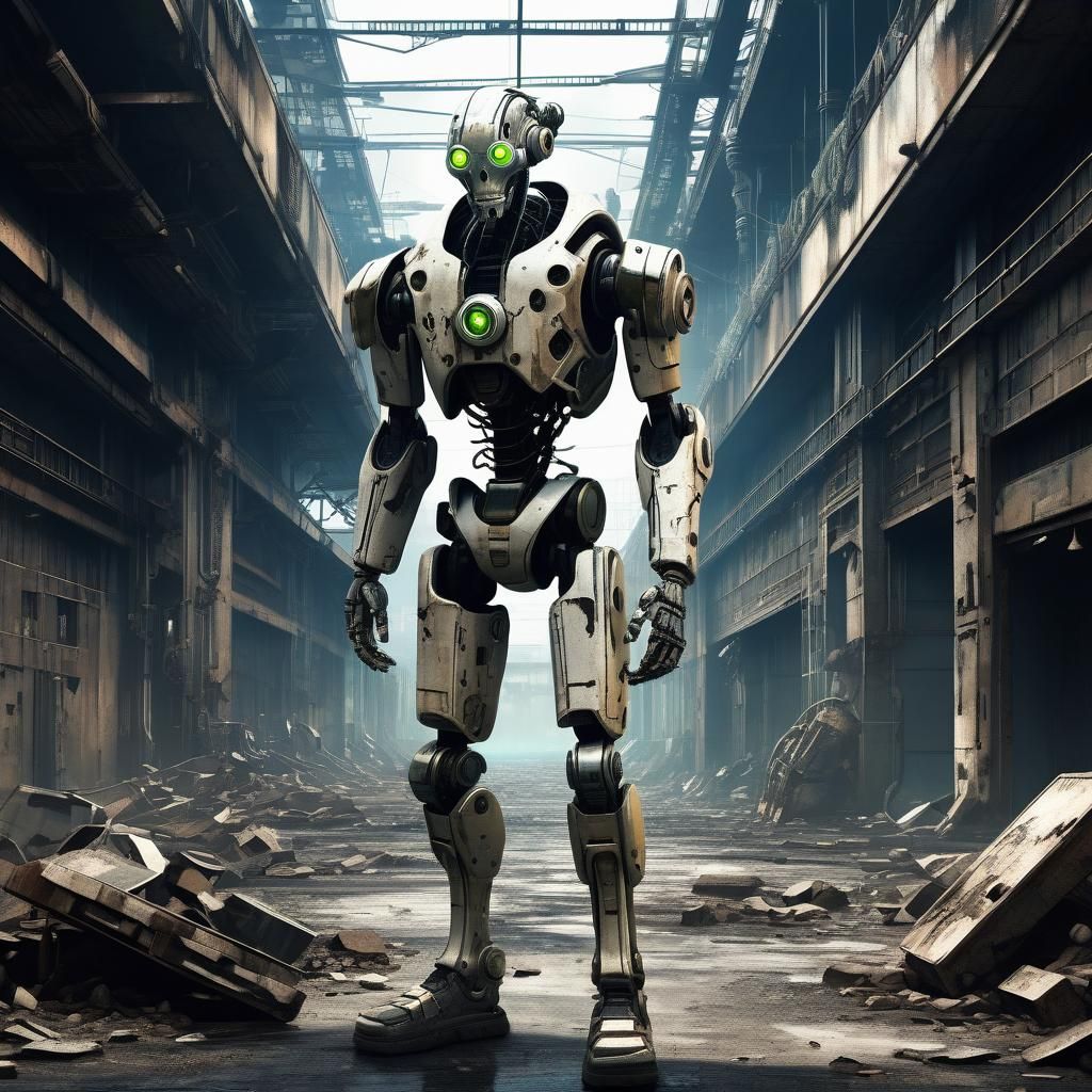 Anime-Style Alien Cyborg in Dystopian Sci-Fi Ruins