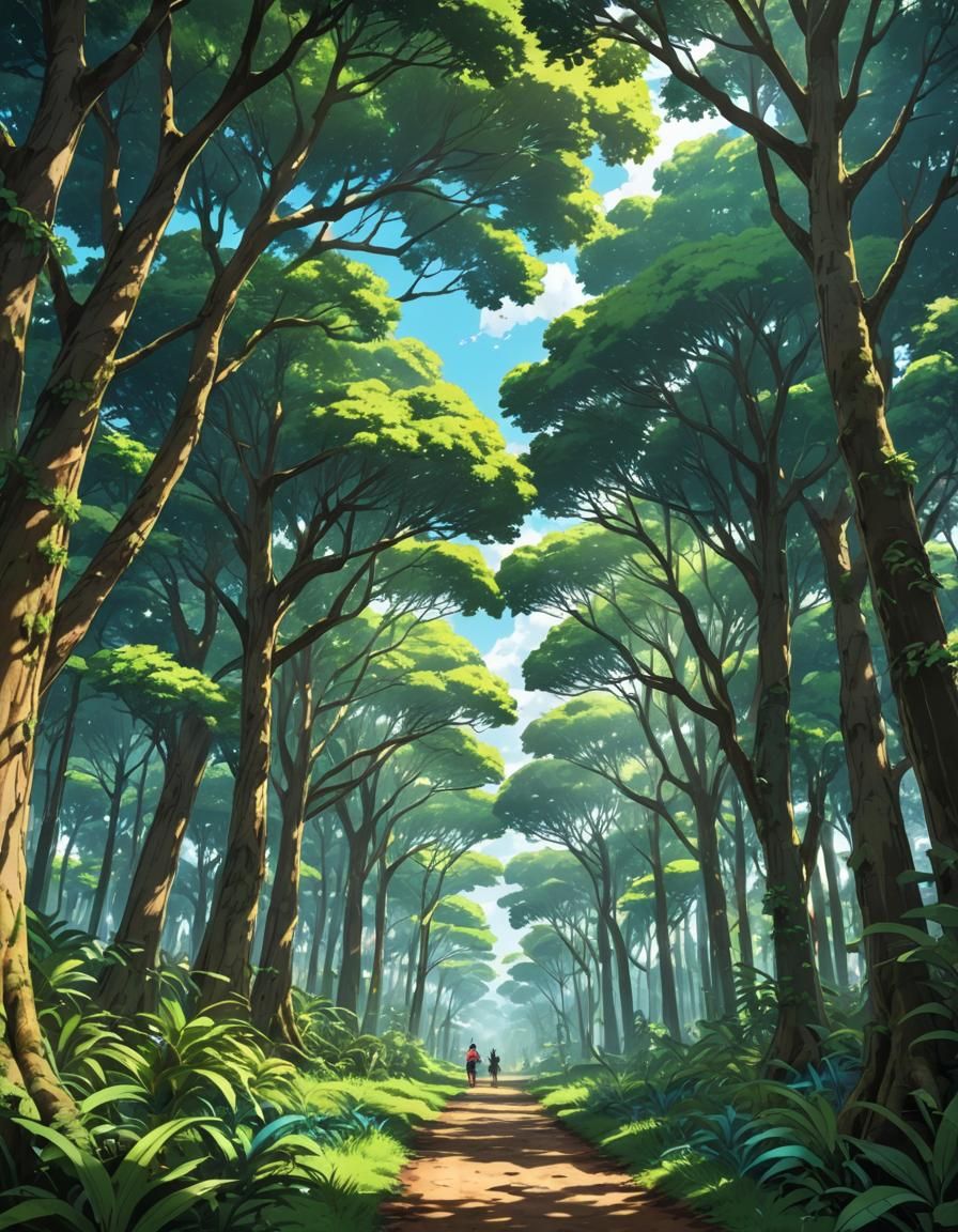 Lush Green Tree in Meadow, Anime Style