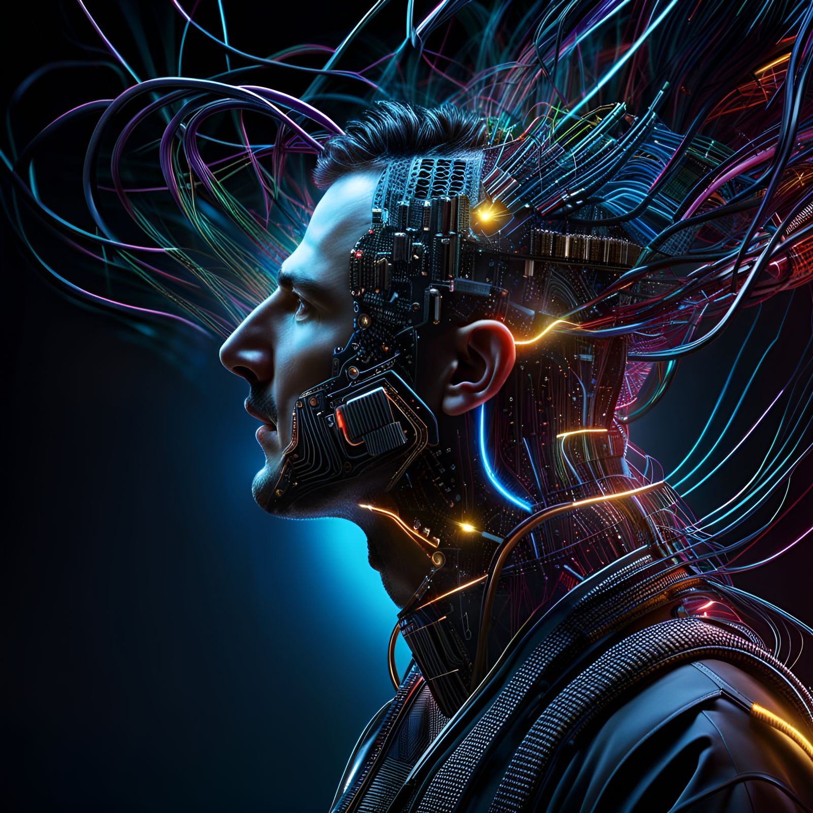 Hyperrealistic Man with Exploding Technology: 3D Render