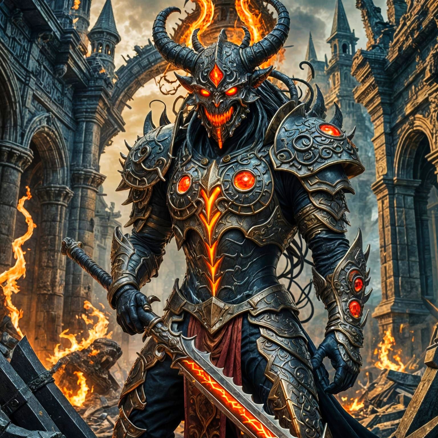 Ominous Tentacle Demon with Sword in Ruins