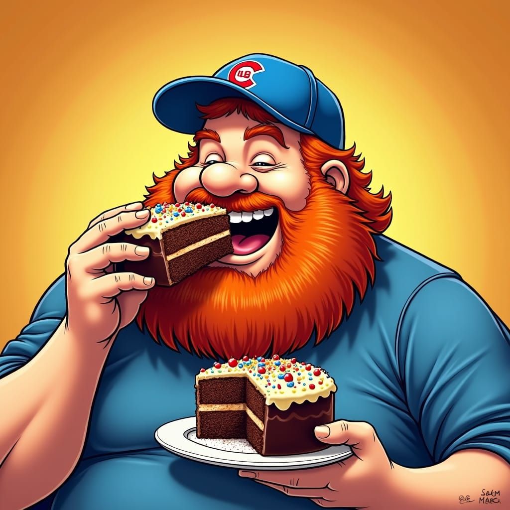 Cartoon Man with Cubs Hat Eating Chocolate Cake