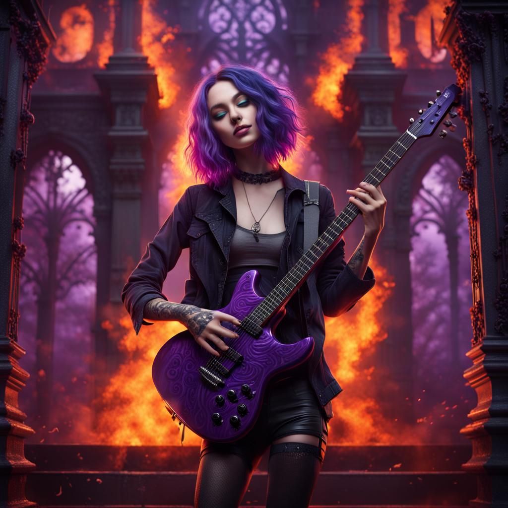 Happy Young Guitarist Portrait in Fiery Gothic Art