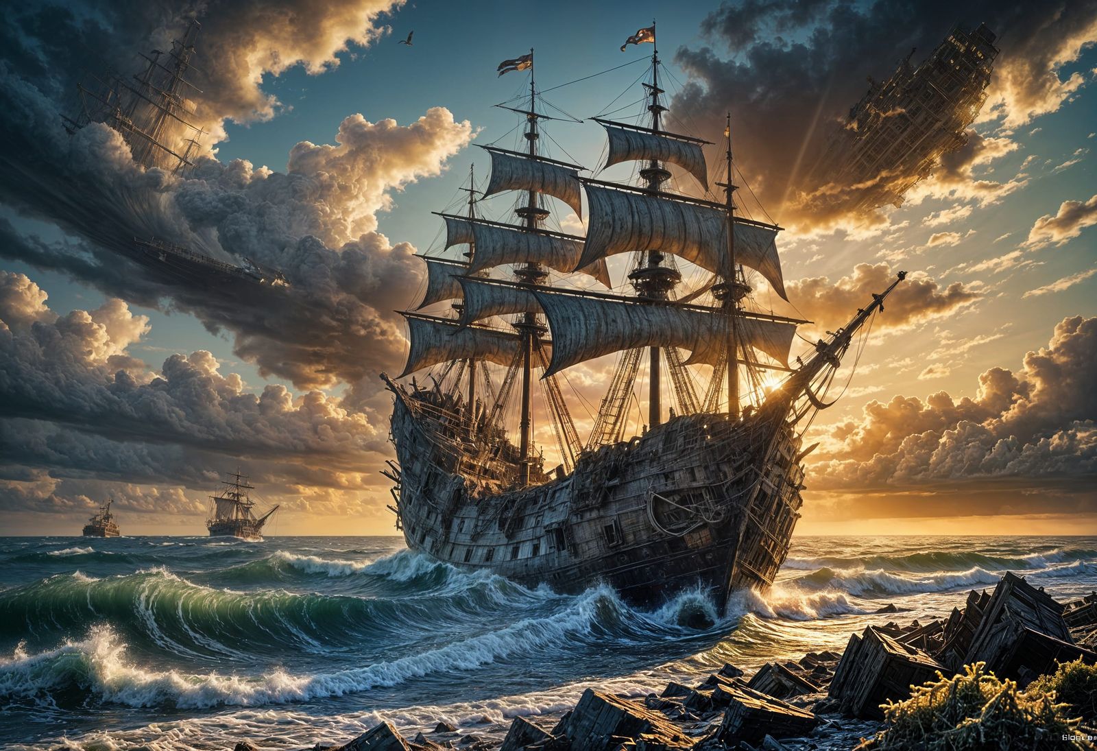 Golden Hour: Sunlit Shipwreck Among Crashing Waves