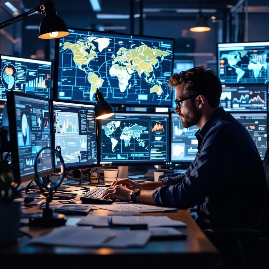Journalist at Desk with Multiple Screens in Digital Matte Pa...