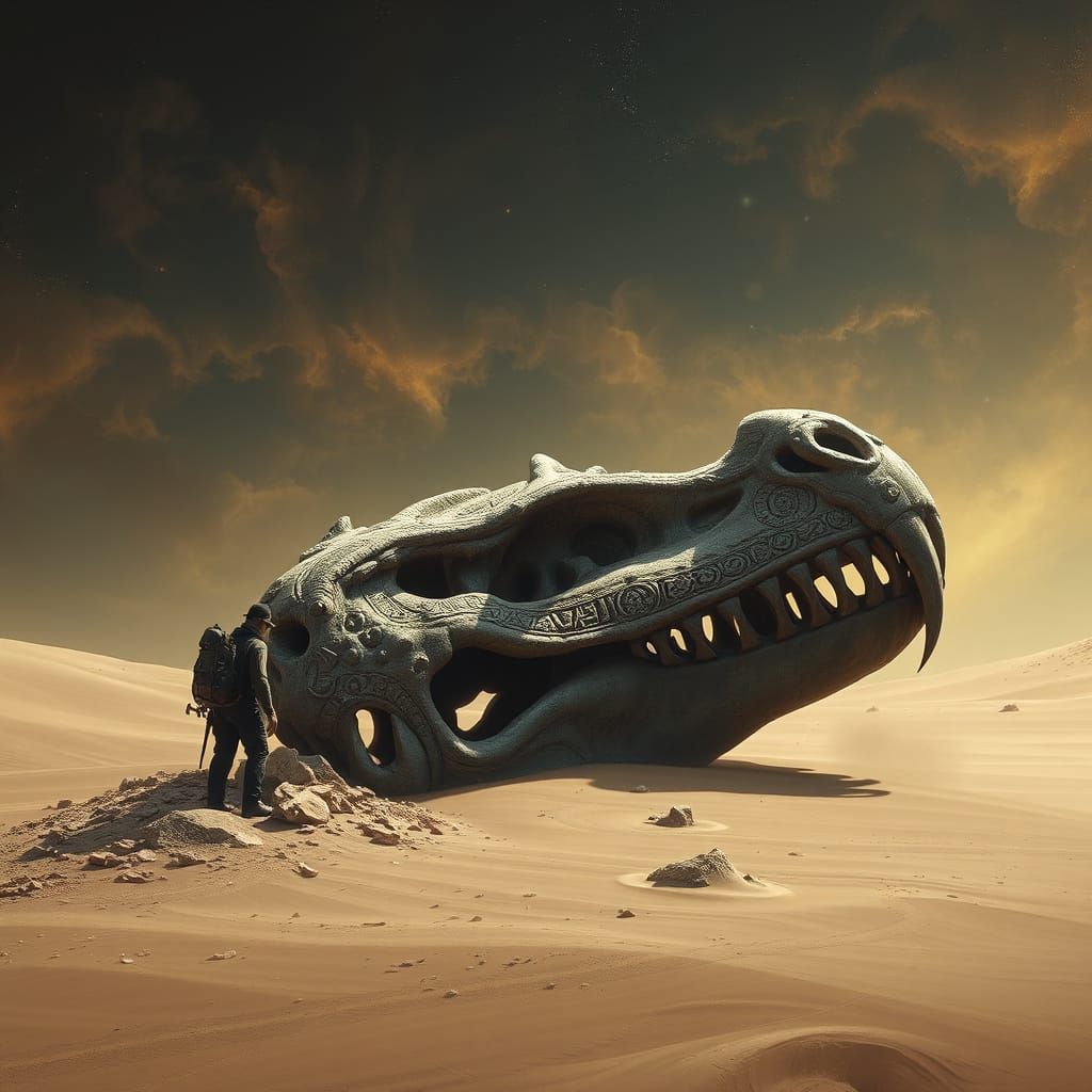 Archaeologist and Dragon Skull in Dystopian Realism