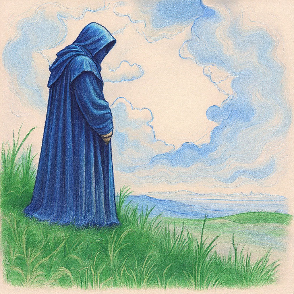 Windswept Figure in Woodcut Print at Twilight