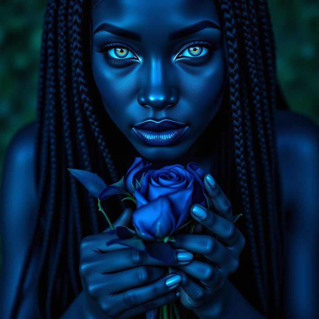 African Maiden with Glowing Blue Eyes Holding Blue Roses