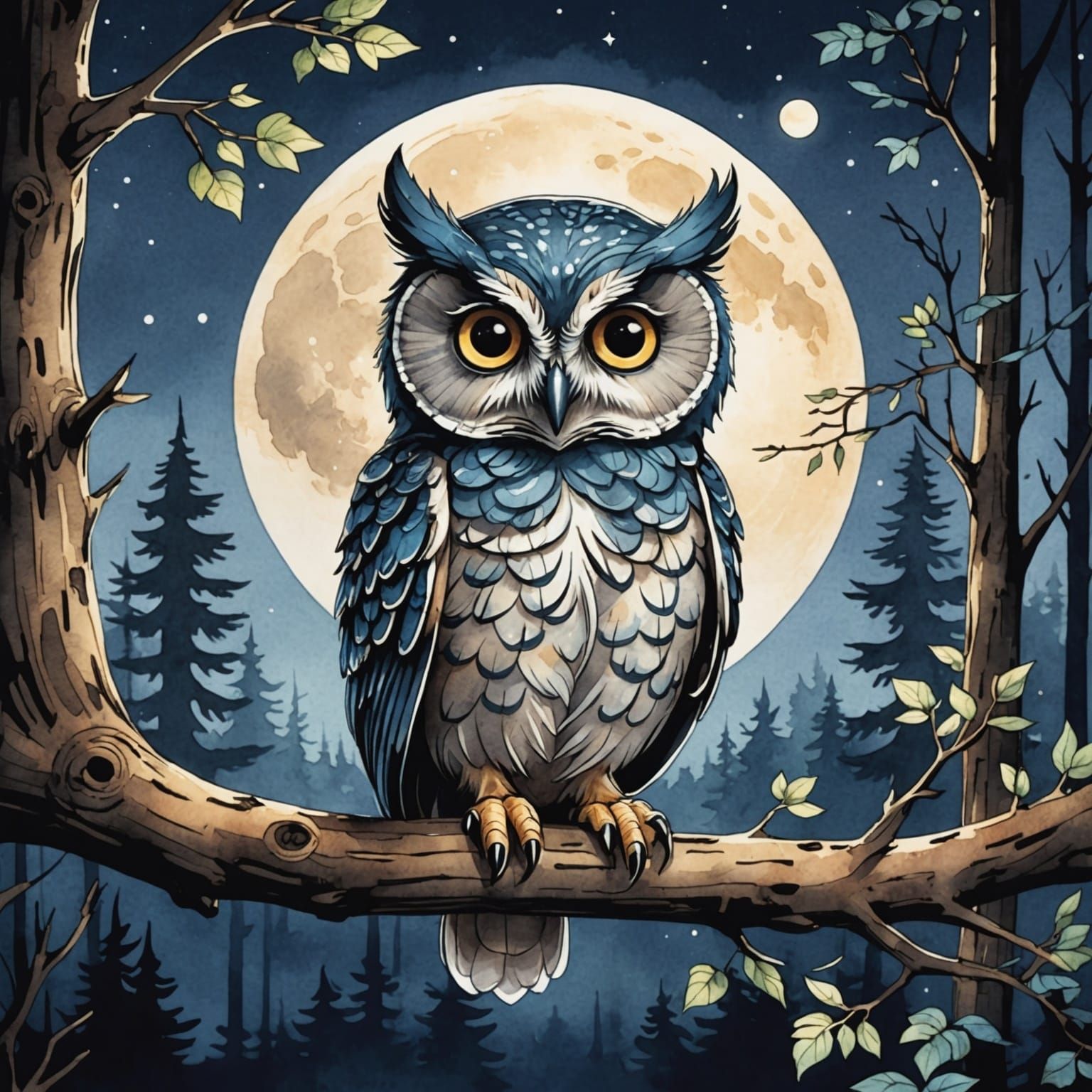 Chibi Owl in Forest: Watercolour Anime Illustration