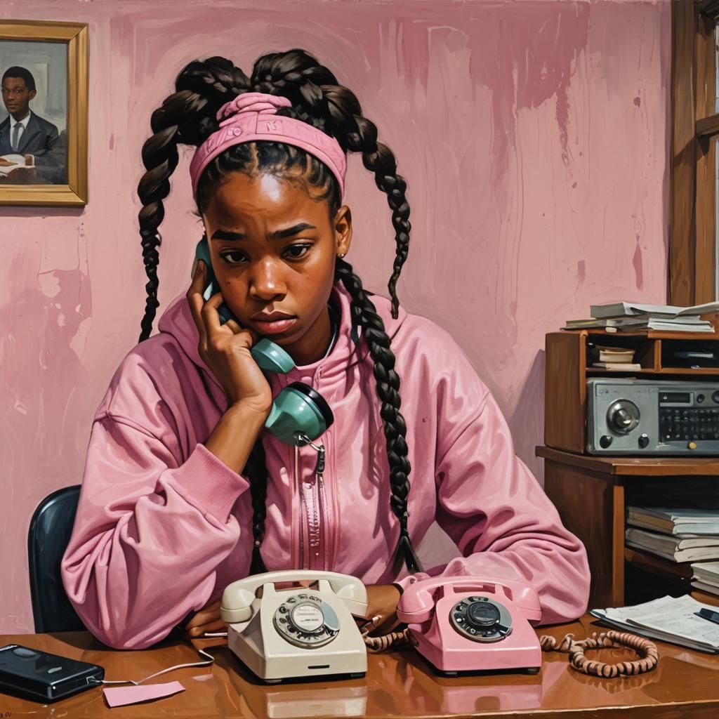Girl Puzzled by Rotary Phone in Childlike Painting