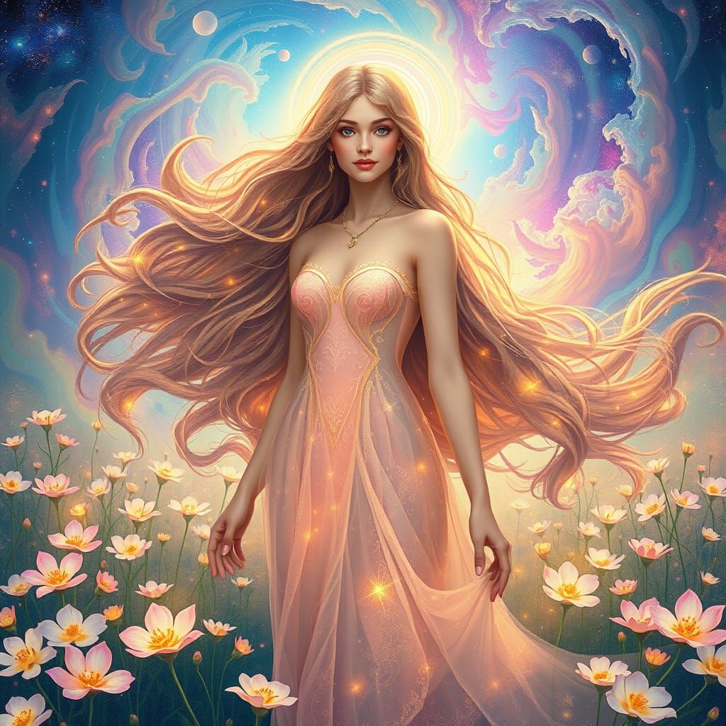 Goddess in Iridescent Flower Field, Art Nouveau Style