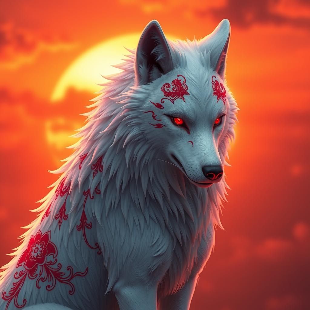 Majestic White Wolf with Crimson Markings at Sunset