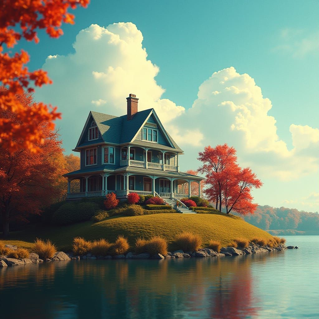 Victorian House Overlooking Water in Autumnal Cinematic Styl...