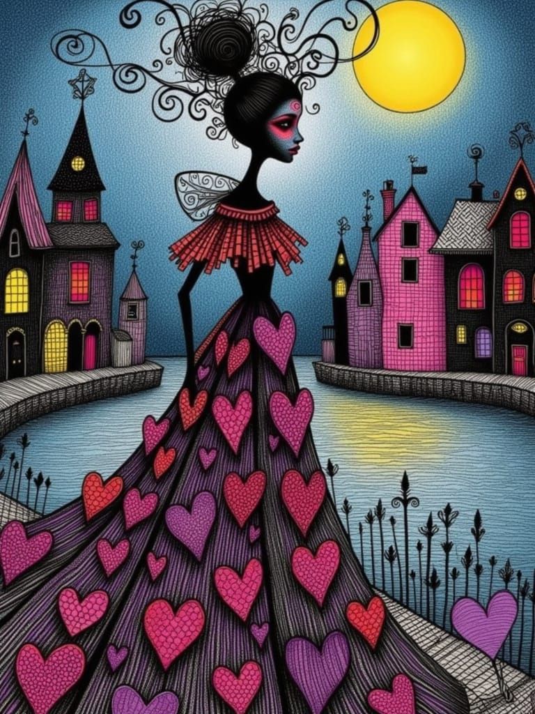 Queen of Hearts on Thames: Surreal Tim Burton Sketch