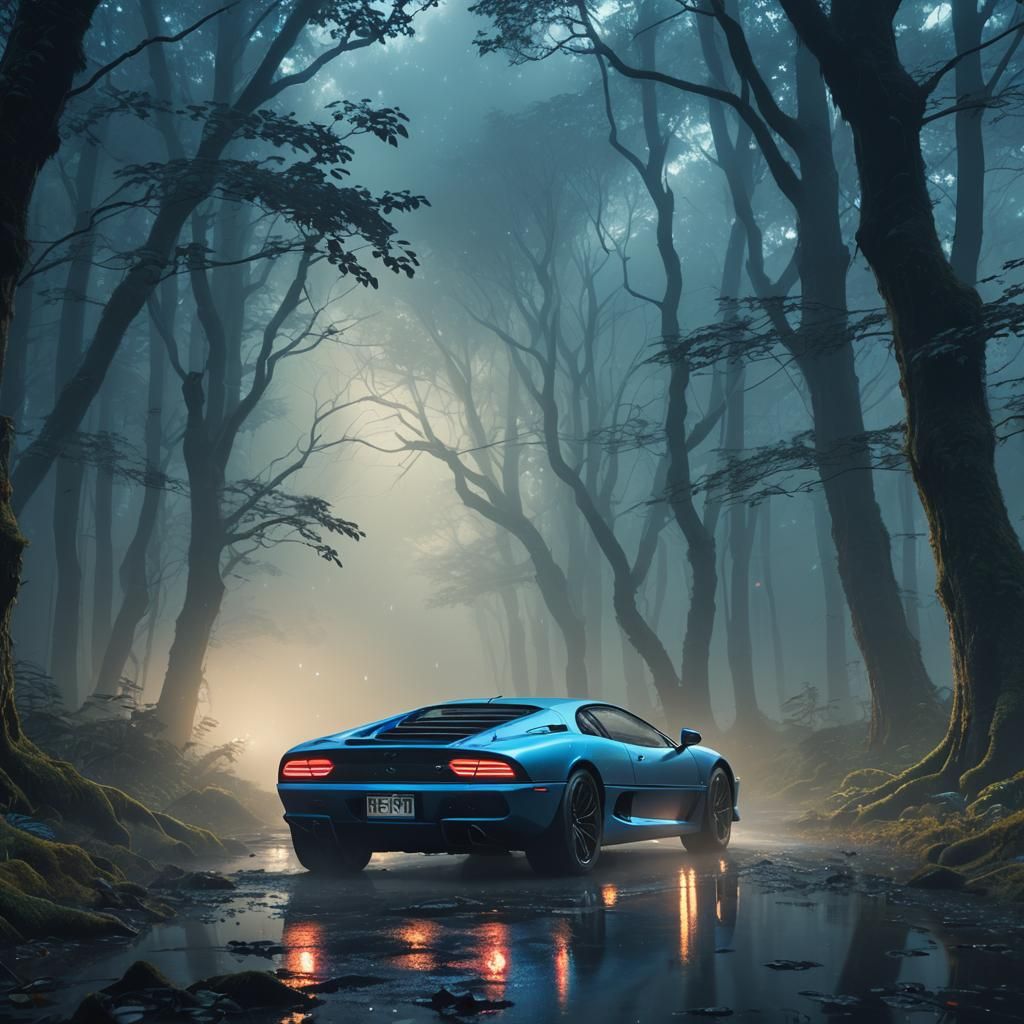 Futuristic Jaguar XJ220 Concept in Misty Forest