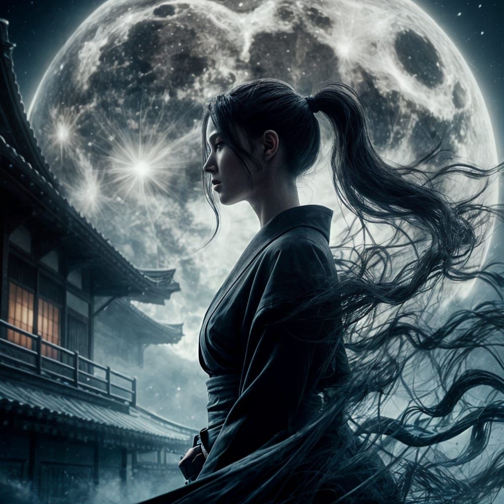 Photorealistic Ninja Woman Under Moonlight