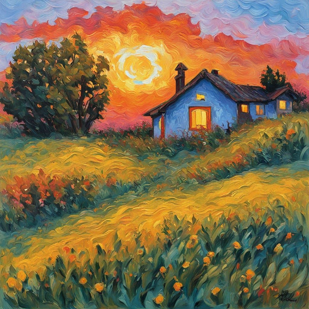 Van Gogh Style Countryside House at Dusk