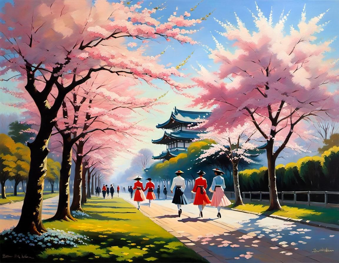Kyoto Park Cherry Blossoms: An Oil Painting