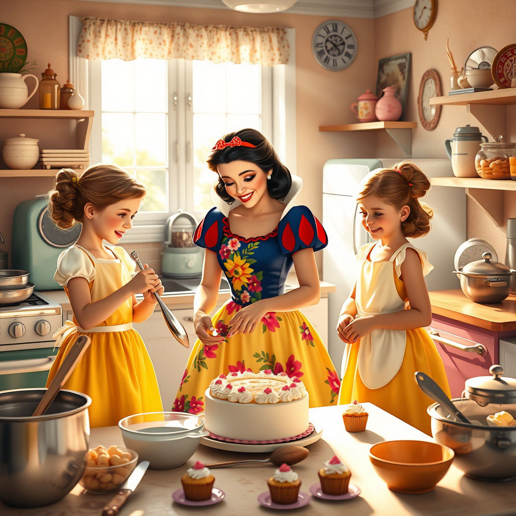 Snow White Baking with Daughters in 1940s Style