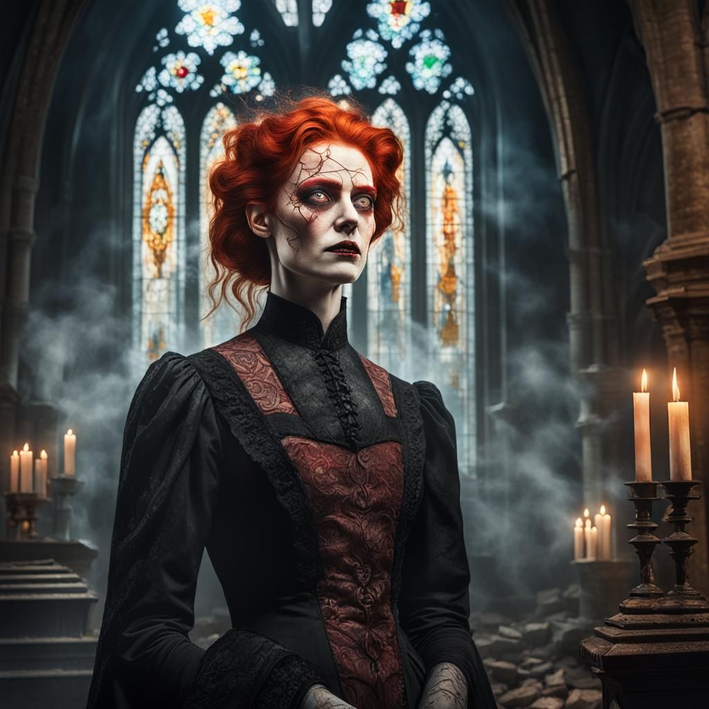 Redhead Frankenstein Woman in Ruined Gothic Church