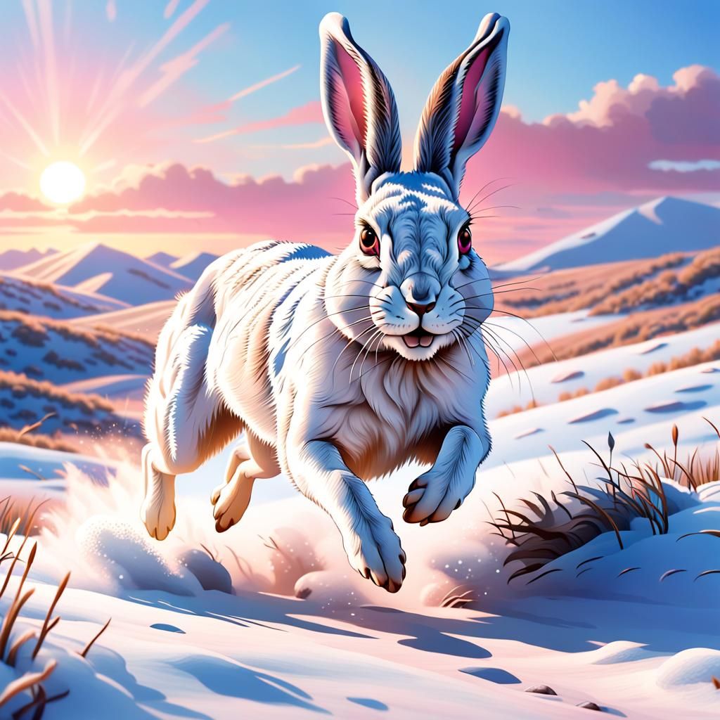 Jackrabbit Leaps Across Snowy Prairie: Hyperrealistic Concep...