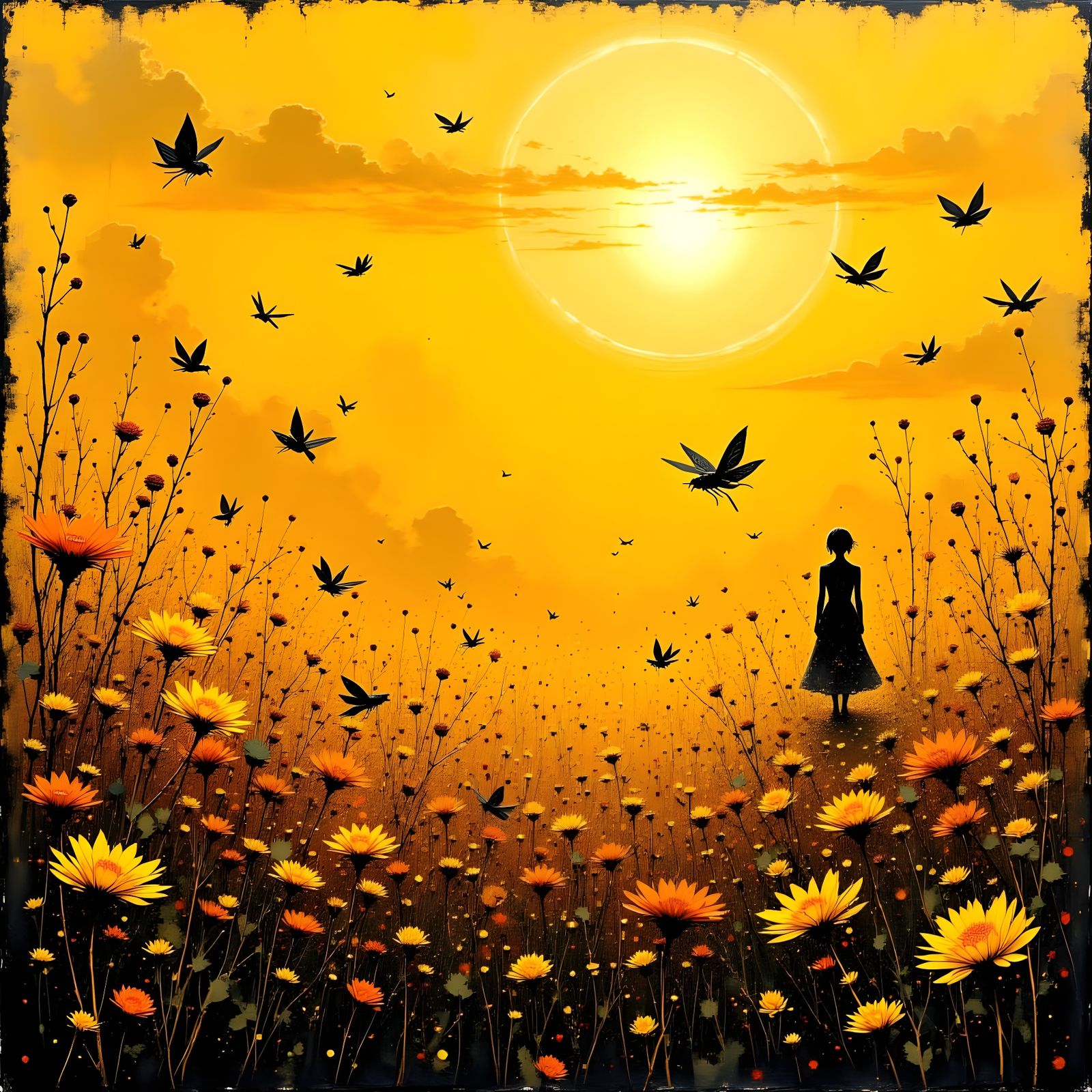 Vibrant Sunset Scene with Field of Flowers and Dragonflies i...