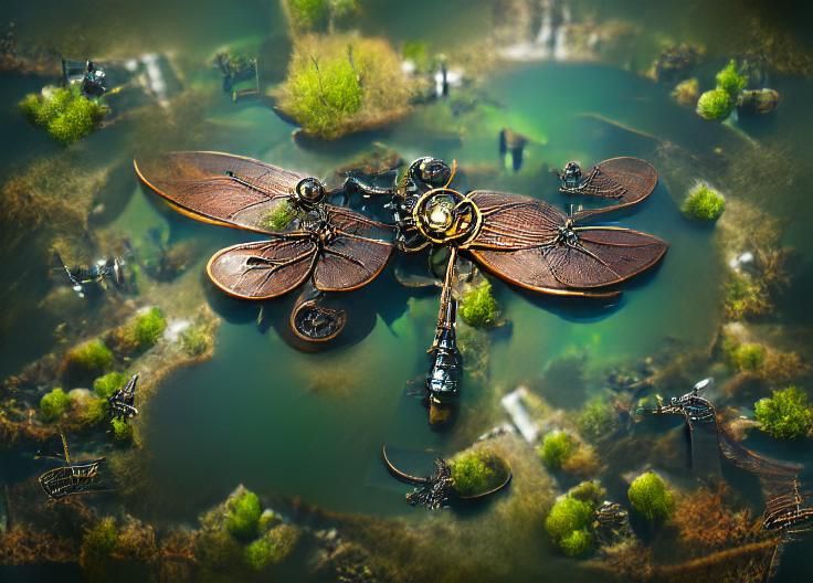 Steampunk Dragonfly Over Lily Pad Pond in 3D
