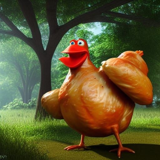 Rotisserie Chicken Hiding in Forest: 3D Digital Art