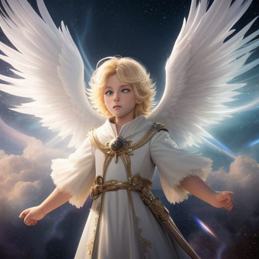 Angelic Child with Fluffy Wings in Celestial Realm
