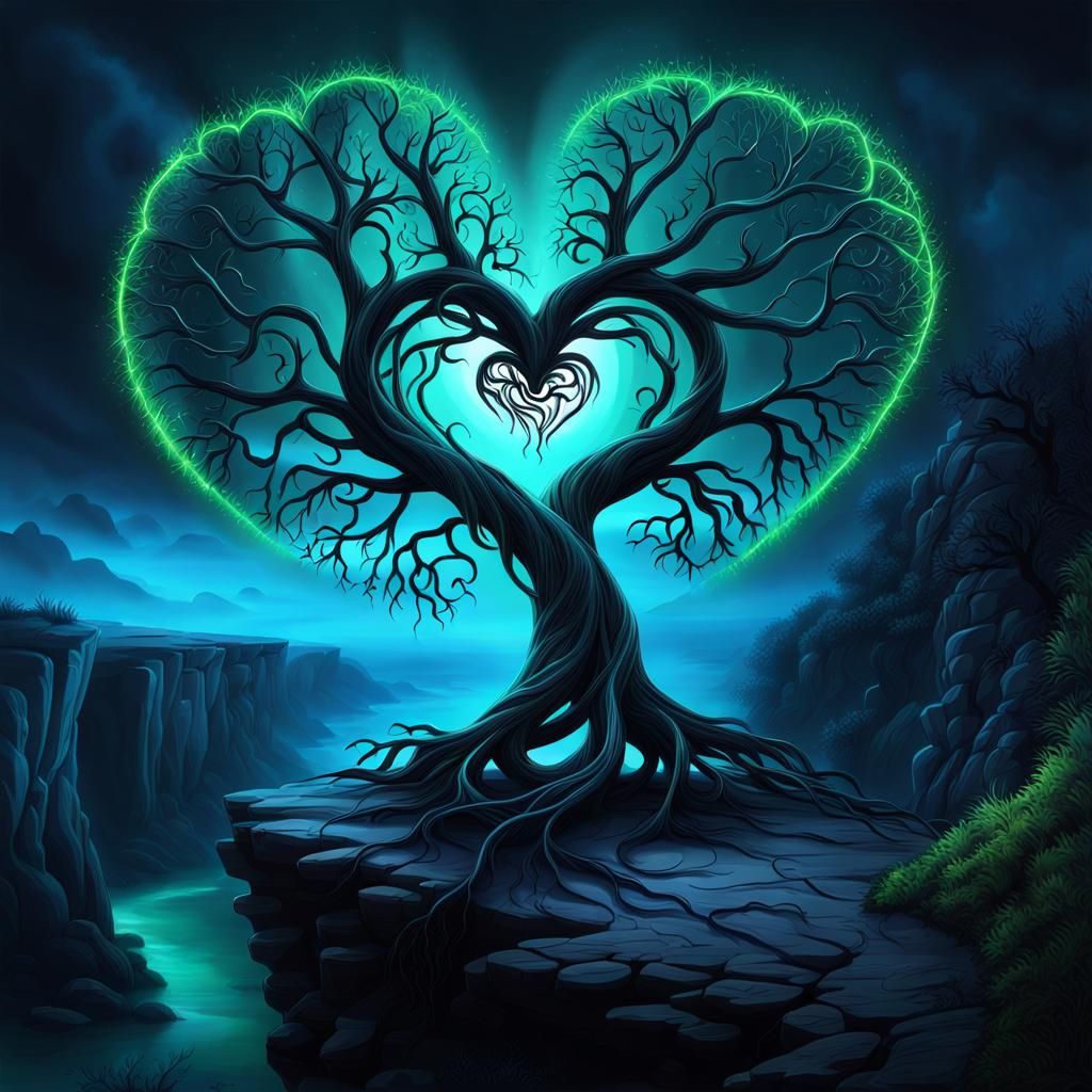 Magical Glowing Heart Tree Portal at Night