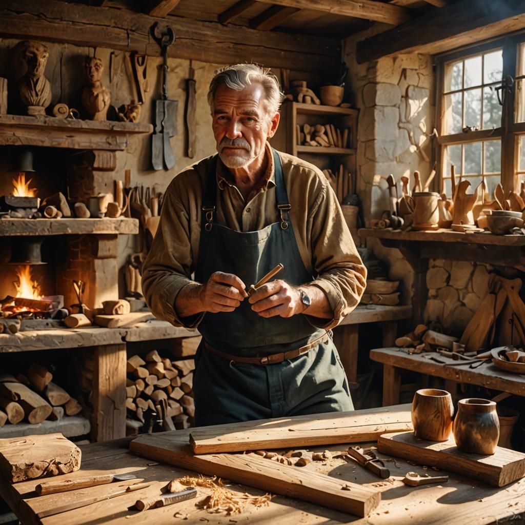 Woodcarver in Rustic Cottage Workshop