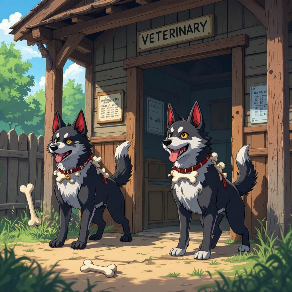 Demon Dogs Guarding Vet Clinic in Anime Style