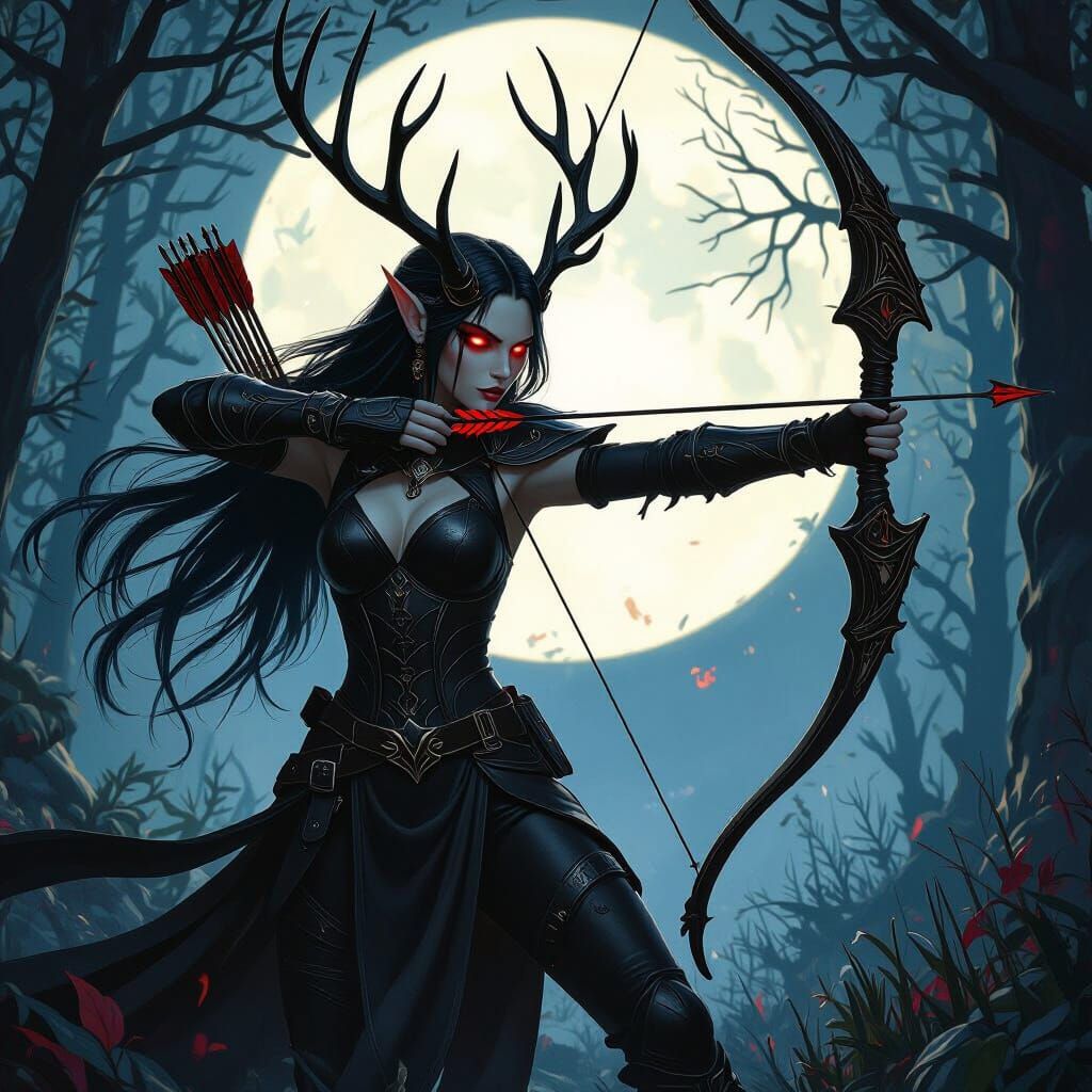 Gothic Elf Huntress in Dark Fantasy Forest