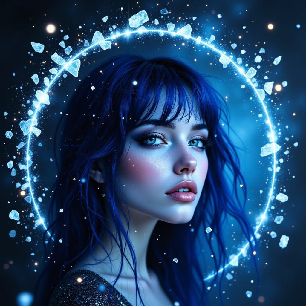 Electric Blue Haired Woman in Crystalline Dreamscape