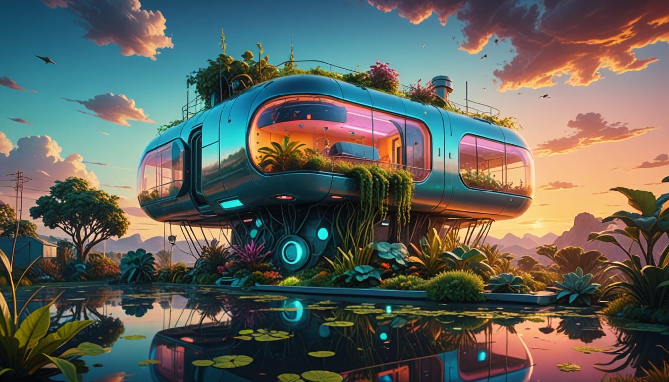 Floating Futuristic Home in Surrealist Sci-Fi Style