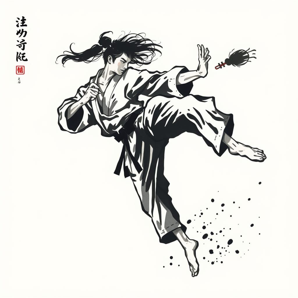 Dynamic Karate Mid-Kick in Sumi-e Ink Painting