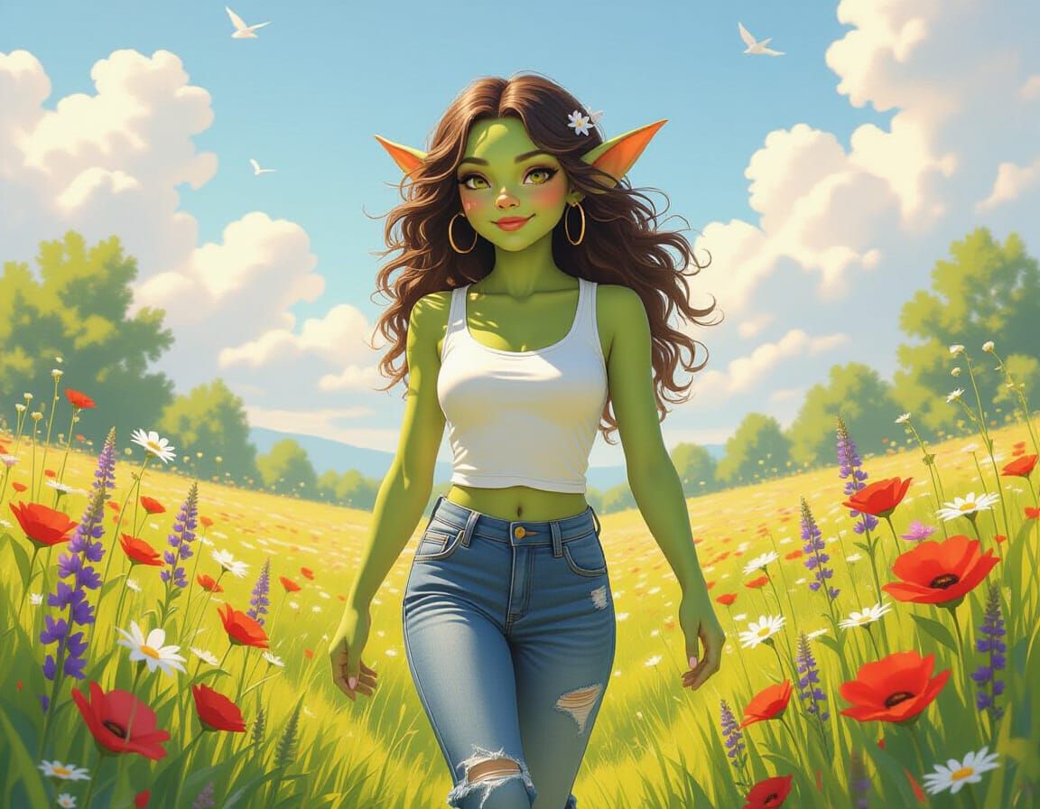 Goblin Stroll in Spring Meadow in Ethereal Style
