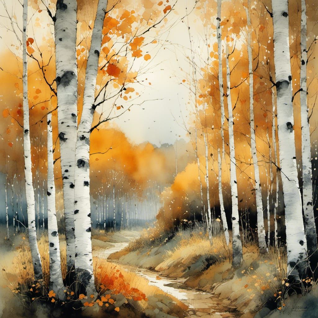Autumn Birch Trees: Intricate Watercolor Painting