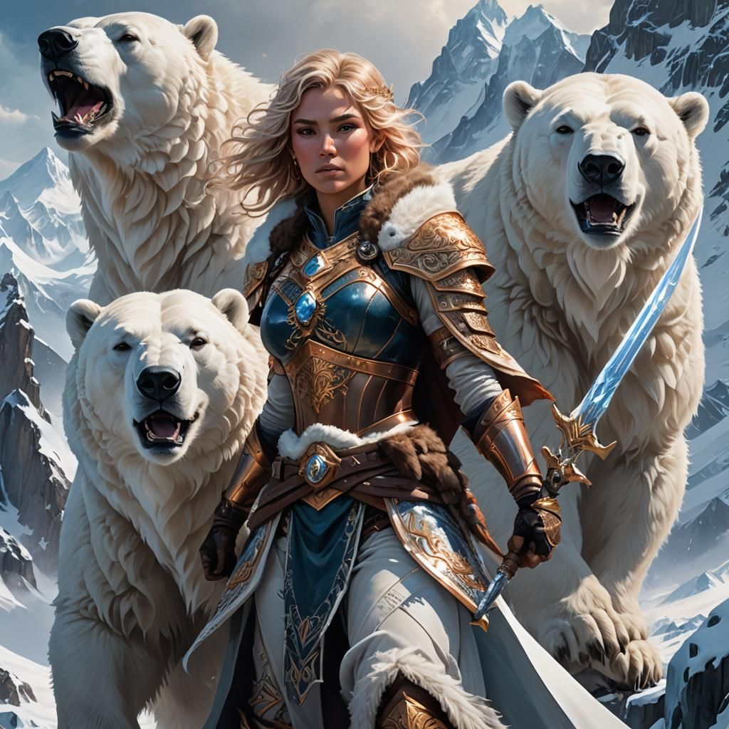 Barbarian Warrior Befriends Polar Bear on Frozen Mountain