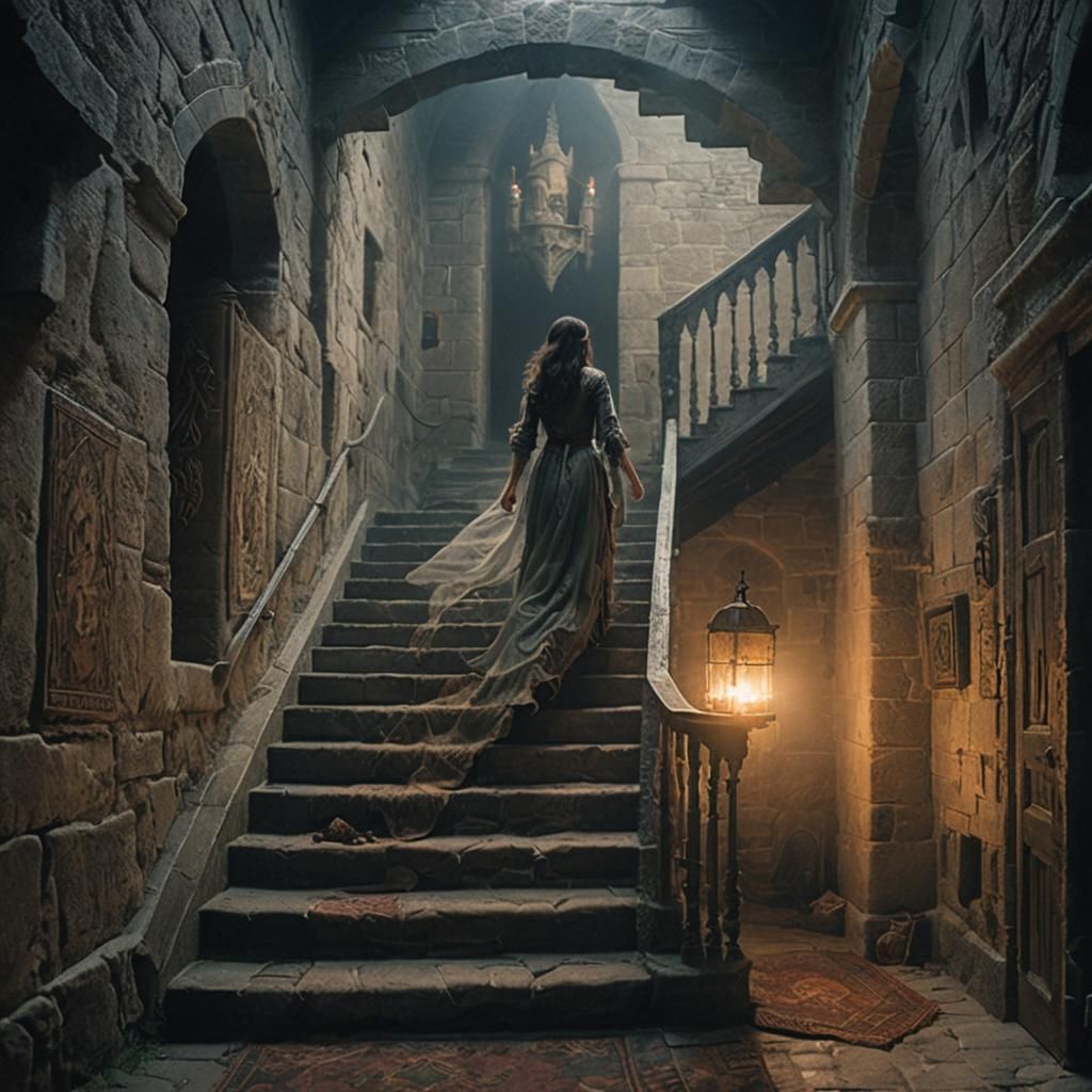 Translucent Lady Ghost in Medieval Castle