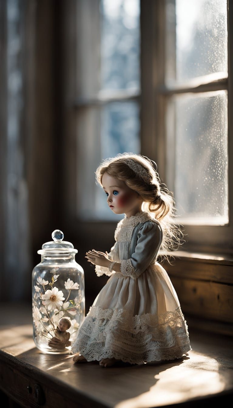 Antique Porcelain Doll in Crystal Jar, Nostalgic Glow
